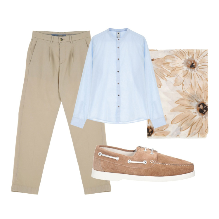 Outfit uomo - Cielo e Sabbia!. Stile Casual per Mare. Abbinamento con scarpe stringate, pantaloni chino, camicie, sciarpe e foulard.