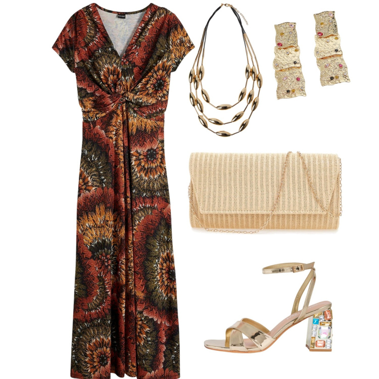 Outfit donna - Serata scintillante. per Serata fuori. Abbinamento con vestiti lunghi, sandali gioiello, orecchini, pochette, collane.