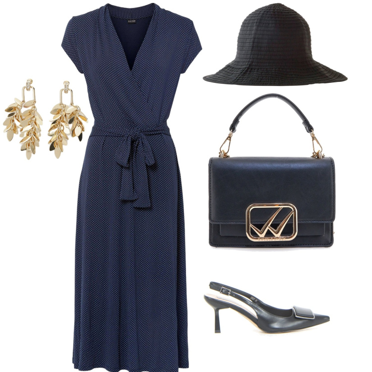 Outfit donna - Cerimonia con il cappello. per Cerimonia. Abbinamento con cappelli, vestiti midi/longuette, orecchini, borse a tracolla, décolleté.