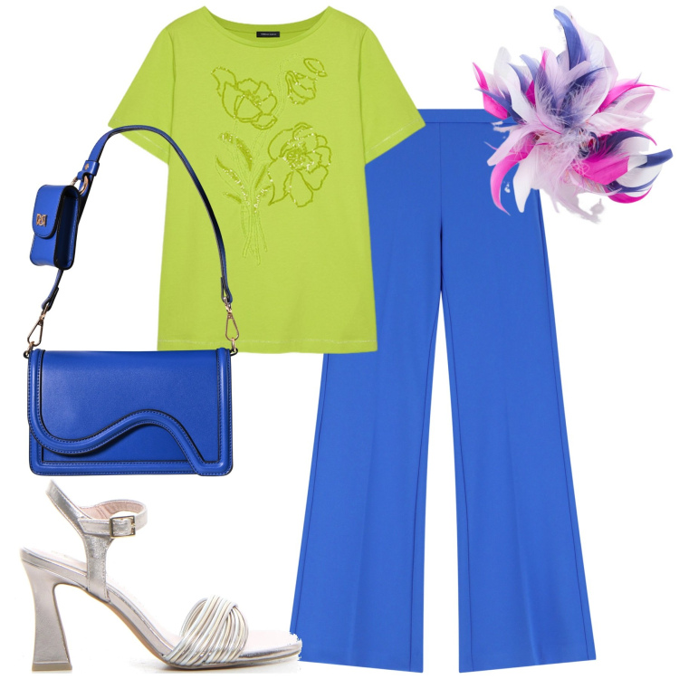 Outfit donna - Lime e blu. Stile Chic per Tutti i giorni. Abbinamento con pochette, pantaloni, t-shirt, accessori per capelli, sandali col tacco.