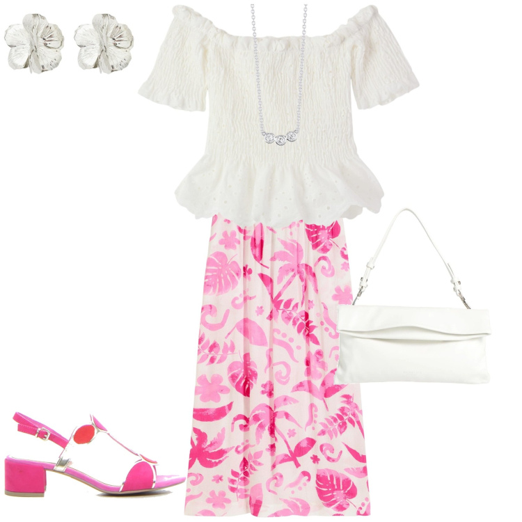 Outfit donna - Total look #2180136. Stile Boho per Tutti i giorni. Abbinamento con gonne lunghe, borse a mano, bluse, collane, orecchini, sandali col tacco.