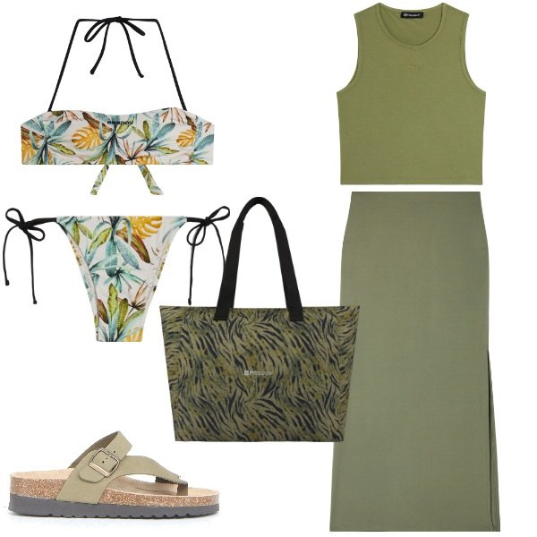 Outfit donna - Pronti al mare. Stile Minimal per Mare. Abbinamento con gonne lunghe, shopping bag, top, bikini, bikini, ciabatte.