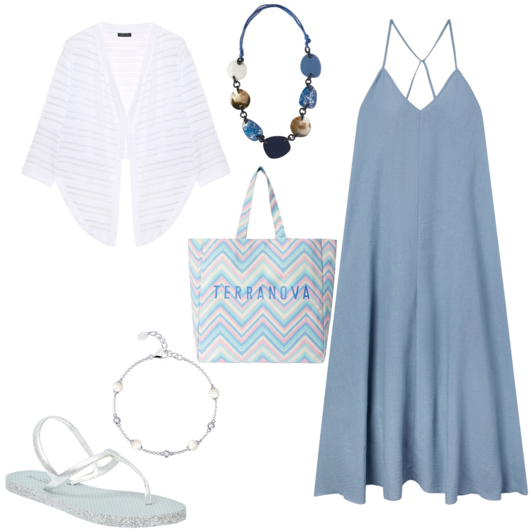 Outfit donna - Total look #2180144. Stile Boho per Tutti i giorni. Abbinamento con sandali, vestiti lunghi, borse tote, braccialetti, bolero, collane.