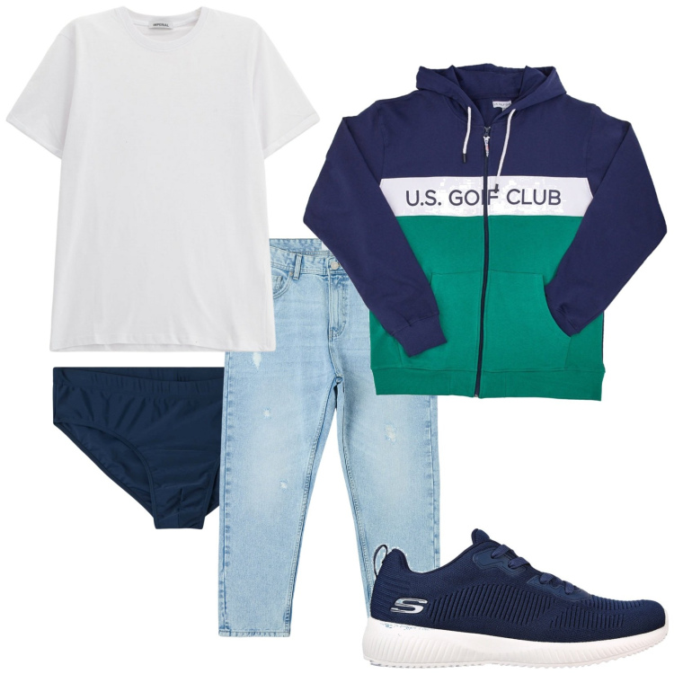 Outfit uomo - Total look #2180145. Stile Urban per Tutti i giorni. Abbinamento con jeans strappati, slip, t-shirt, sneakers, felpe con cappuccio.