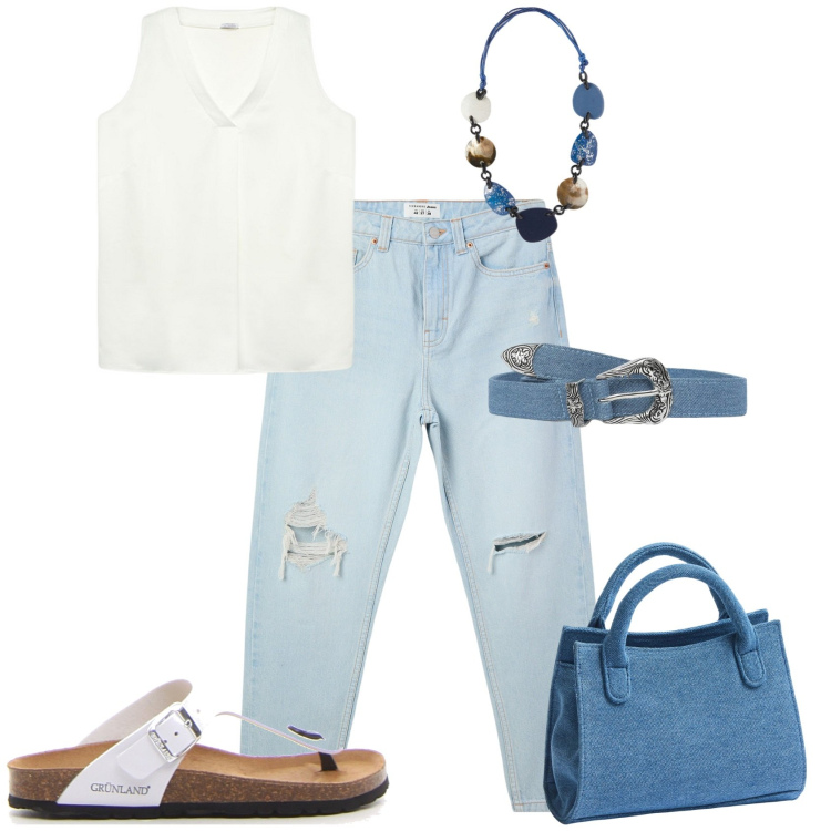 Outfit donna - Total look #2180147. Stile Urban per Tutti i giorni. Abbinamento con cinture, jeans mom, borse a tracolla, top, infradito, collane.