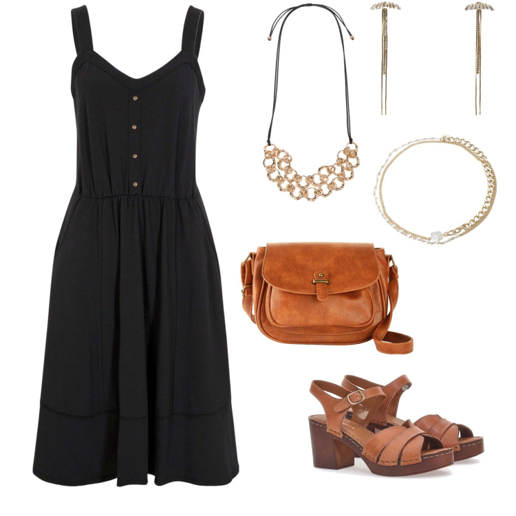 Outfit donna - Cena in spiaggia easy. Stile Casual per Serata fuori. Abbinamento con vestiti, borse a tracolla, orecchini, braccialetti, sandali in pelle, collane.