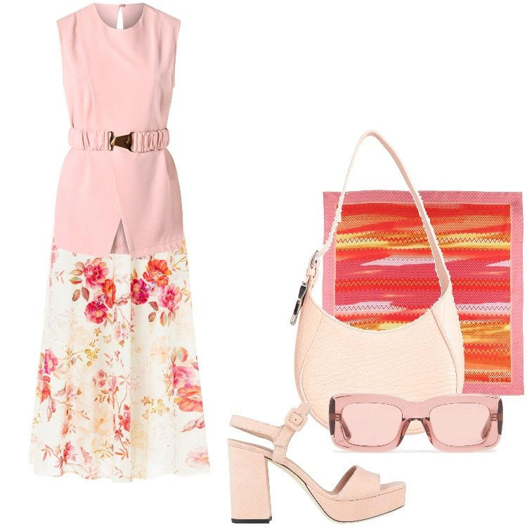 Outfit donna - Total look #2180158. Stile Casual per Cerimonia. Abbinamento con sandali in pelle, borse a spalla, gonne longuette, bluse, foulard, occhiali da sole.