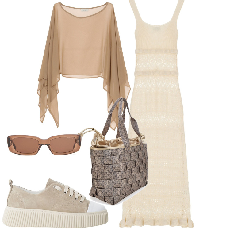 Outfit donna - Casual chic. Stile Casual chic per Tutti i giorni. Abbinamento con vestiti midi/longuette, sneakers, camicie, borse a spalla, occhiali da sole.
