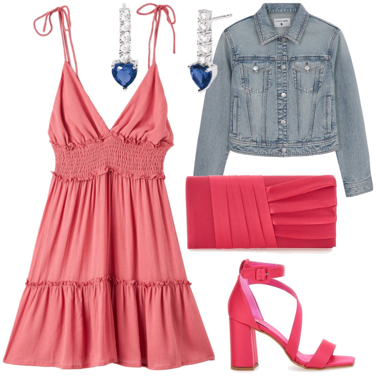Outfit donna - Giubbino e abitino un classico. Stile Glamour per Serata fuori. Abbinamento con vestiti corti, blazer, orecchini, pochette, sandali col tacco.