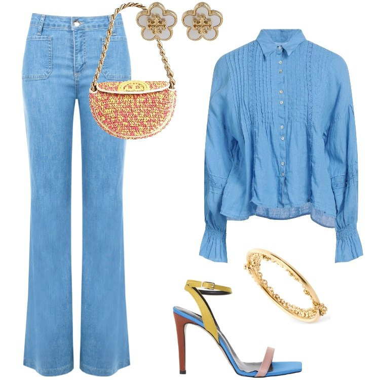 Outfit donna - Total look #2180161. Stile Boho per Cerimonia. Abbinamento con borse a mano, camicie, sandali col tacco, jeans, orecchini, anelli.