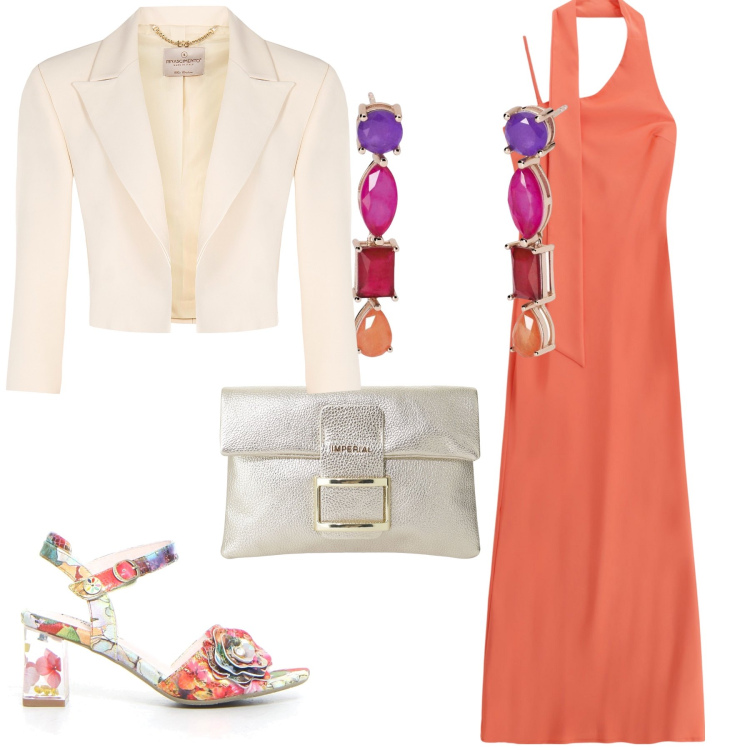 Outfit donna - Cerimonia sabato alle 11. Stile Trendy per Cerimonia. Abbinamento con vestiti lunghi, pochette, orecchini, bolero, sandali col tacco.
