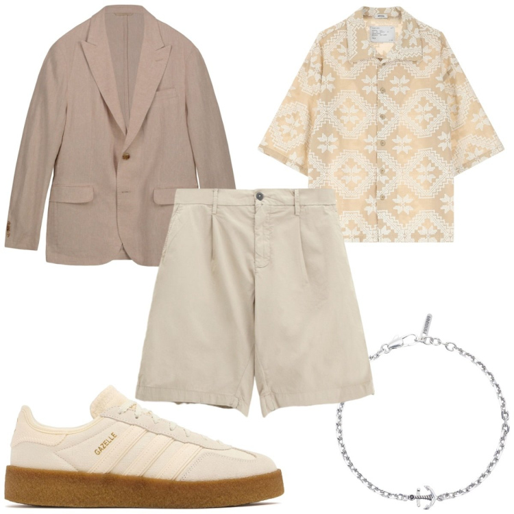 Outfit uomo - Lino fresco e trendy. Stile Trendy per Tutti i giorni. Abbinamento con braccialetti, camicie a manica corta, bermuda, giacche, sneakers.