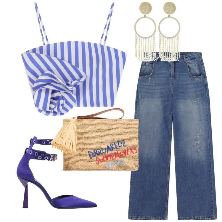 Outfit donna - Frange sul mare. Stile Glamour per Serata fuori. Abbinamento con décolleté, canottiere, jeans strappati, orecchini, pochette.