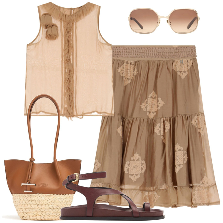 Outfit donna - Al mare. Stile Boho per Mare. Abbinamento con gonne, top, sandali in pelle, shopping bag, occhiali da sole.
