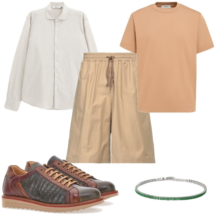 Outfit uomo - Lino per l\'estate trendy. Stile Trendy per Tutti i giorni. Abbinamento con shorts, braccialetti, camicie, scarpe stringate, t-shirt.