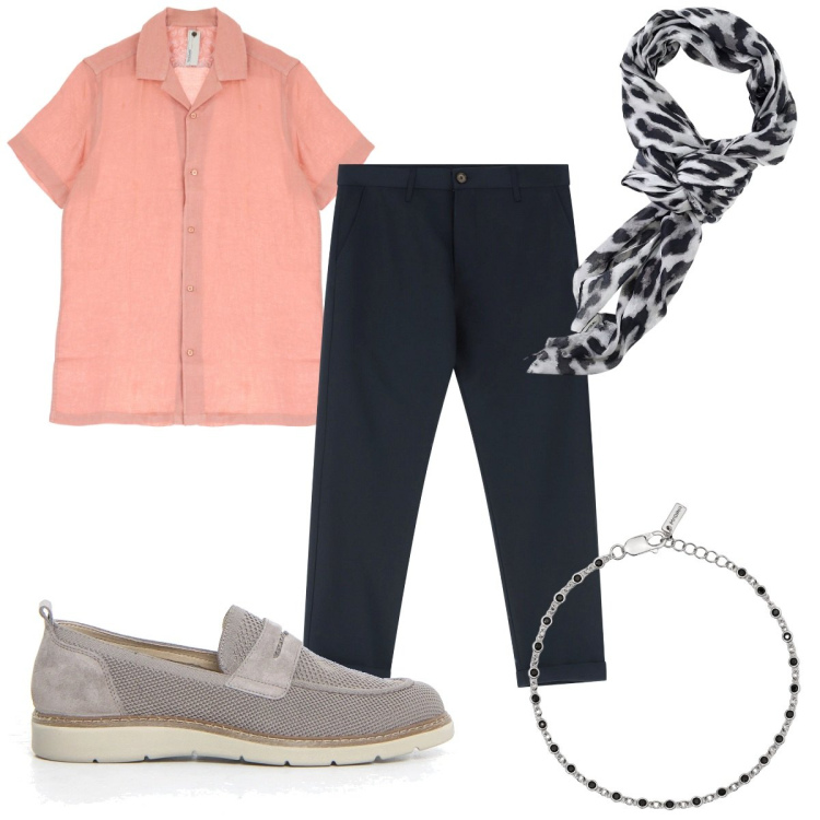 Outfit uomo - Look per un aperitivo trendy. Stile Trendy per Tutti i giorni. Abbinamento con braccialetti, pantaloni chino, camicie a manica corta, sciarpe e foulard, scarpe stringate.