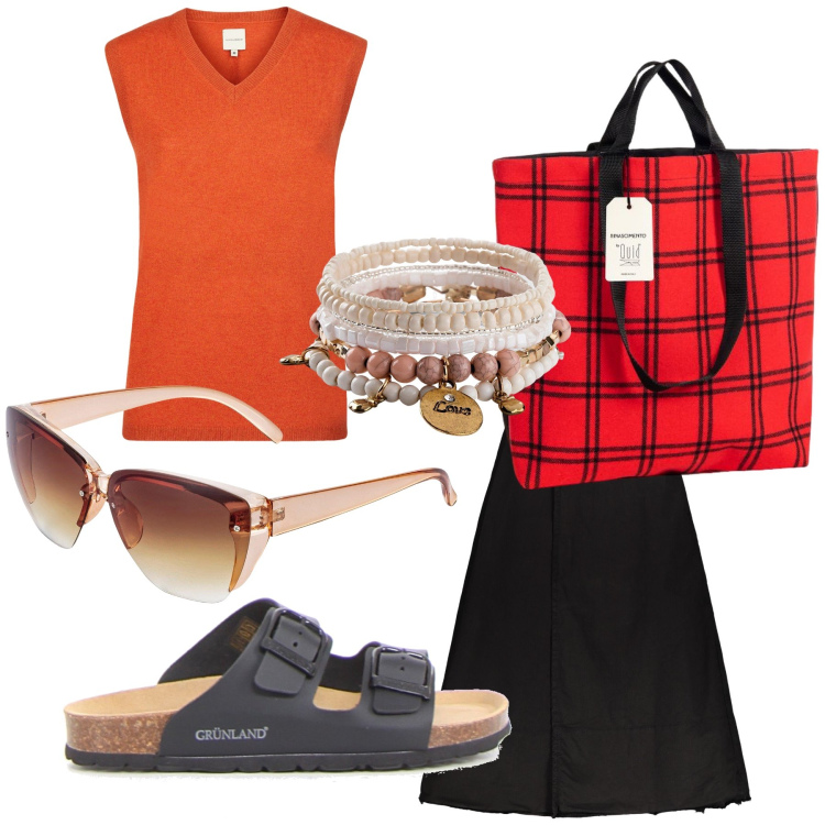 Outfit donna - Bibita al bar vicino. Stile Casual per Tutti i giorni. Abbinamento con occhiali da sole, braccialetti, borse tote, gonne lunghe, maglieria, ciabatte.