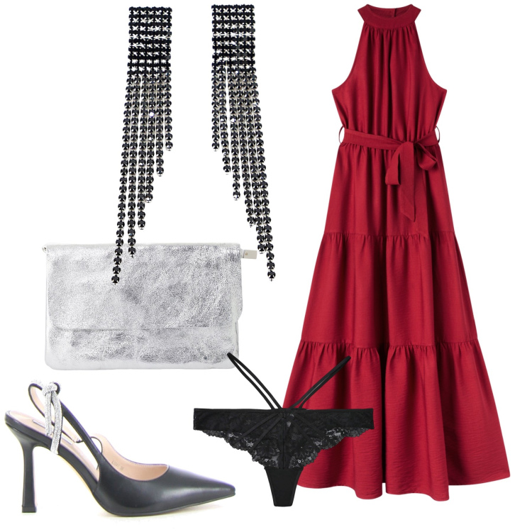 Outfit donna - Un bel vestito color vino. Stile Glamour per Serata fuori. Abbinamento con vestiti lunghi, perizomi, borse a tracolla, orecchini, décolleté.