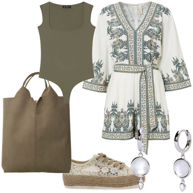 Outfit donna - Tuta folk. Stile Boho per Tutti i giorni. Abbinamento con tute, orecchini, body, shopping bag, espadrillas.