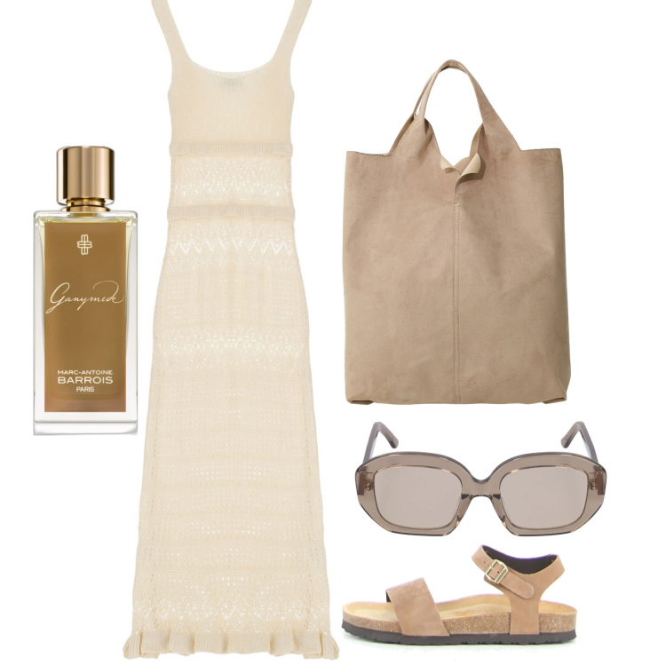 Outfit donna - Romantico crochet. Stile Romantica per Tutti i giorni. Abbinamento con profumi, vestiti midi/longuette, shopping bag, sandali, occhiali da sole.