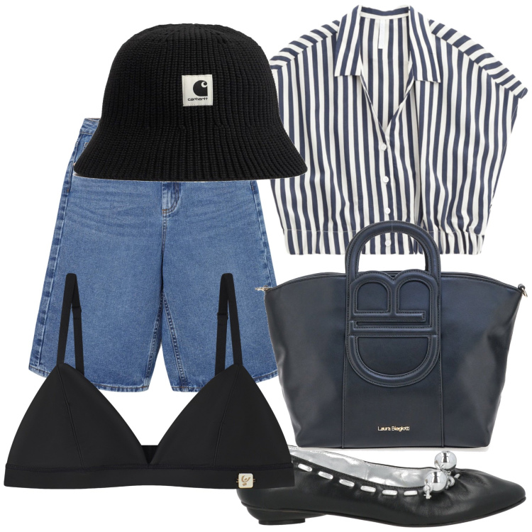 Outfit donna - Al porto turistico. Stile Sporty chic per Mare. Abbinamento con ballerine, bermuda, camicie a manica corta, reggiseni, borse a tracolla, cappelli.