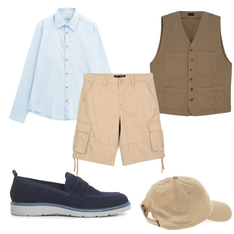 Outfit uomo - Color sabbia per un\'estate trendy. Stile Trendy per Tutti i giorni. Abbinamento con bermuda, camicie, cappelli, scarpe stringate, gilet.