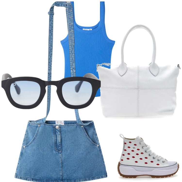 Outfit donna - Canotta e minigonna. Stile Basic per Tutti i giorni. Abbinamento con minigonne, canottiere, occhiali da sole, sneakers, borse a mano.