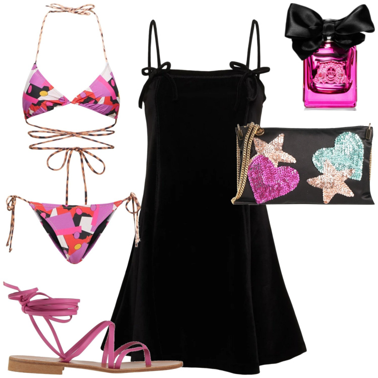 Outfit donna - Al mare. Stile Casual chic per Mare. Abbinamento con infradito, borse a tracolla, profumi, vestiti, bikini.