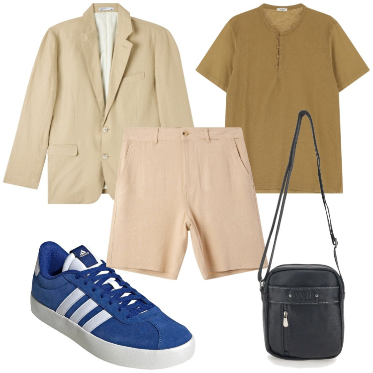 Outfit uomo - Color sabbia: una fresca estate. Stile Trendy per Tutti i giorni. Abbinamento con giacche, pantaloni corti, camicie, portafogli, sneakers.