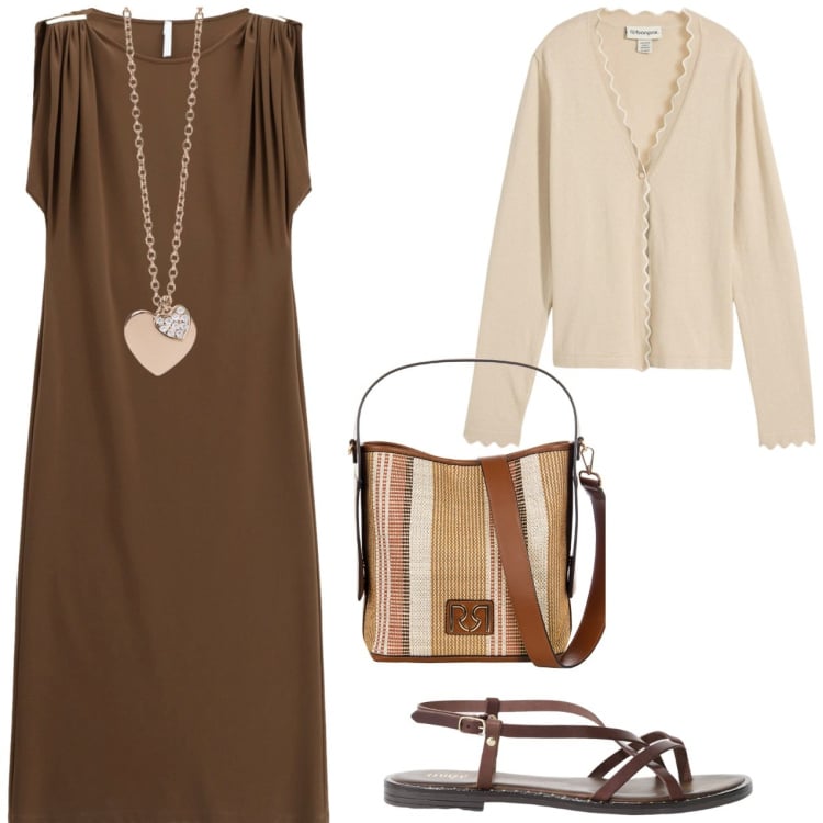 Outfit donna - Passeggiata serale. Stile Casual per Serata fuori. Abbinamento con cardigans, ciondoli, borse a secchiello, vestiti lunghi, sandali.