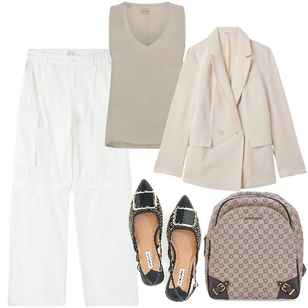 Outfit donna - Maturità non ti temo. Stile Mannish per Scuola/Università. Abbinamento con pantaloni cargo, blazer, ballerine, top, zaini.