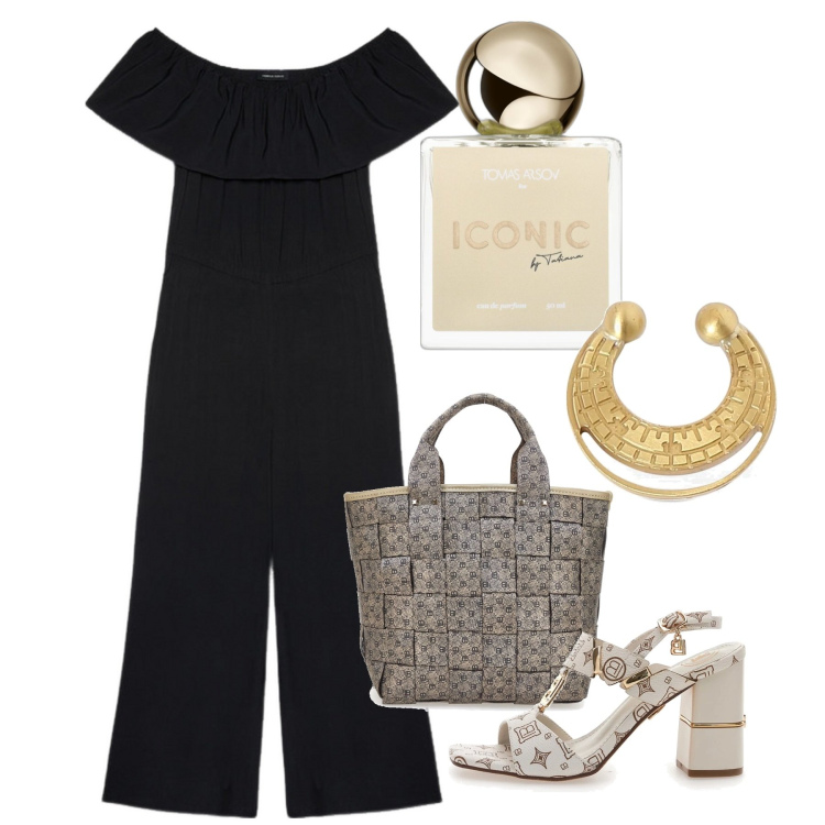 Outfit donna - Luna nera. Stile Chic per Serata fuori. Abbinamento con profumi, tute, sandali col tacco, orecchini, borse a mano.