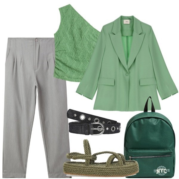 Outfit donna - maturità non ti temo. Stile Mannish per Scuola/Università. Abbinamento con top, pantaloni chino, zaini, cinture, blazer, sandali.