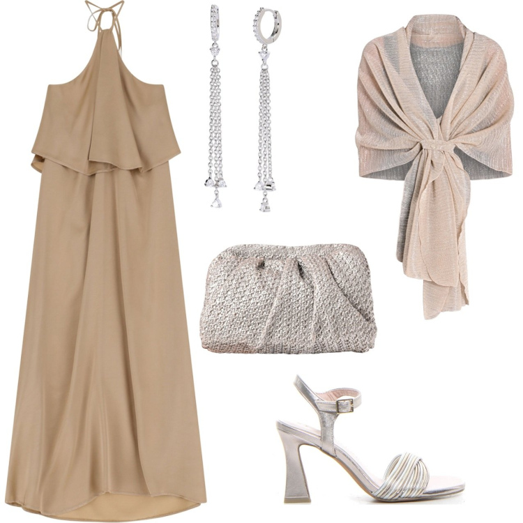 Outfit donna - Abito lungo senape. Stile Chic per Cerimonia. Abbinamento con orecchini, stole, clutch, vestiti lunghi, sandali col tacco.