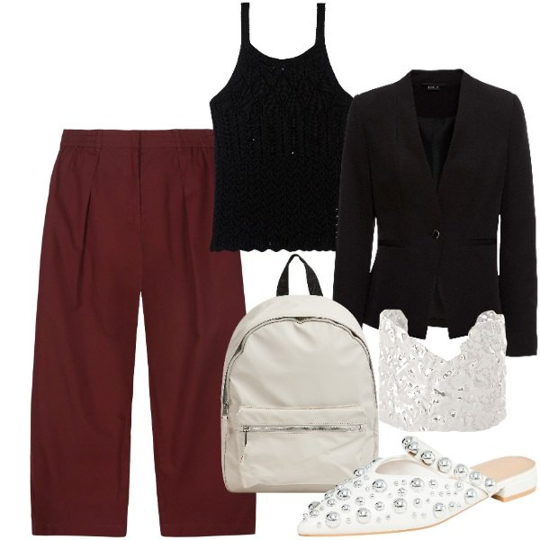 Outfit donna - Maturità non ti temo. Stile Mannish per Scuola/Università. Abbinamento con blazer, ballerine, top, zaini, braccialetti, pantaloni.