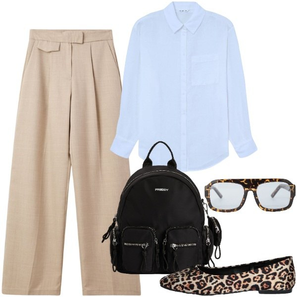Outfit donna - Maturità non ti temo. Stile Mannish per Scuola/Università. Abbinamento con pantaloni, camicie, ballerine, occhiali da sole, zaini.