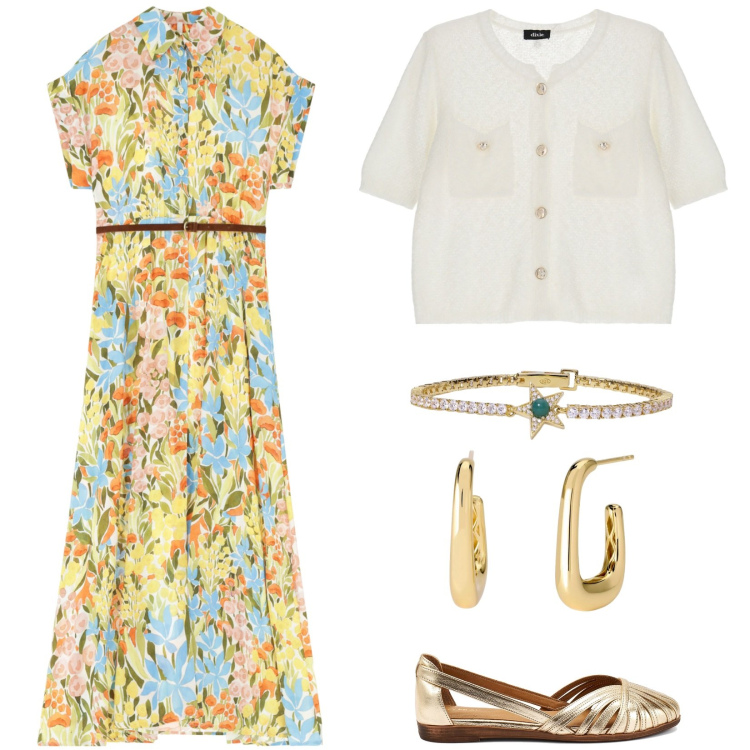 Outfit donna - Long dress e flats. Stile Casual chic per Tutti i giorni. Abbinamento con orecchini, braccialetti, vestiti lunghi, cardigans, ballerine.