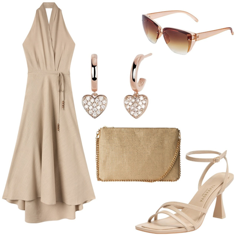 Outfit donna - Apericena elegante. Stile Casual chic per Serata fuori. Abbinamento con occhiali da sole, borse a tracolla, vestiti lunghi, sandali col tacco, orecchini.