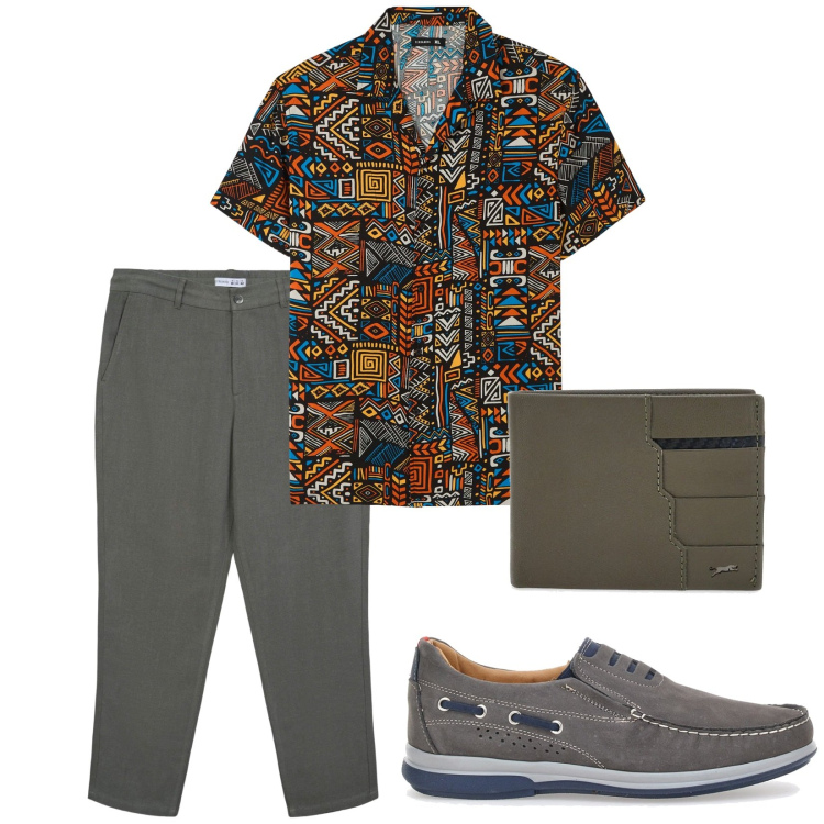 Outfit uomo - Aperitivo estivo. Stile Trendy per Tutti i giorni. Abbinamento con camicie a manica corta, pantaloni chino, portafogli, scarpe stringate.