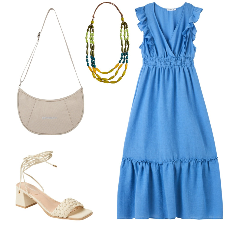 Outfit donna - Blu cobalto. Stile Casual per Ufficio. Abbinamento con vestiti lunghi, sandali alla schiava, borse a spalla, collane.