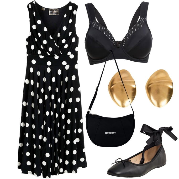 Outfit donna - Il mio vestito a pois. Stile Vintage retrò per Serata fuori. Abbinamento con vestiti, reggiseni, ballerine, borse a spalla, orecchini.