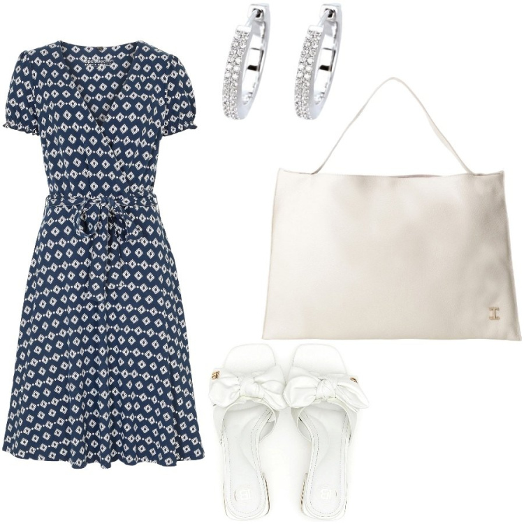 Outfit donna - Fantasia geometrica. Stile Casual chic per Tutti i giorni. Abbinamento con vestiti, orecchini, borse a spalla, ciabatte.