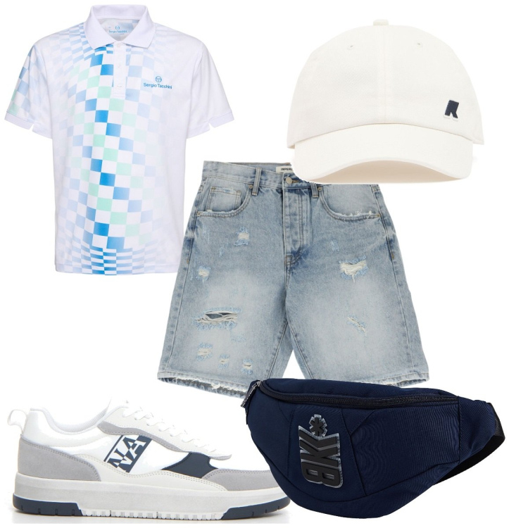Outfit uomo - Total look #2180237. Stile Trendy per Tutti i giorni. Abbinamento con borse sportive, bermuda, polo, cappelli, sneakers.