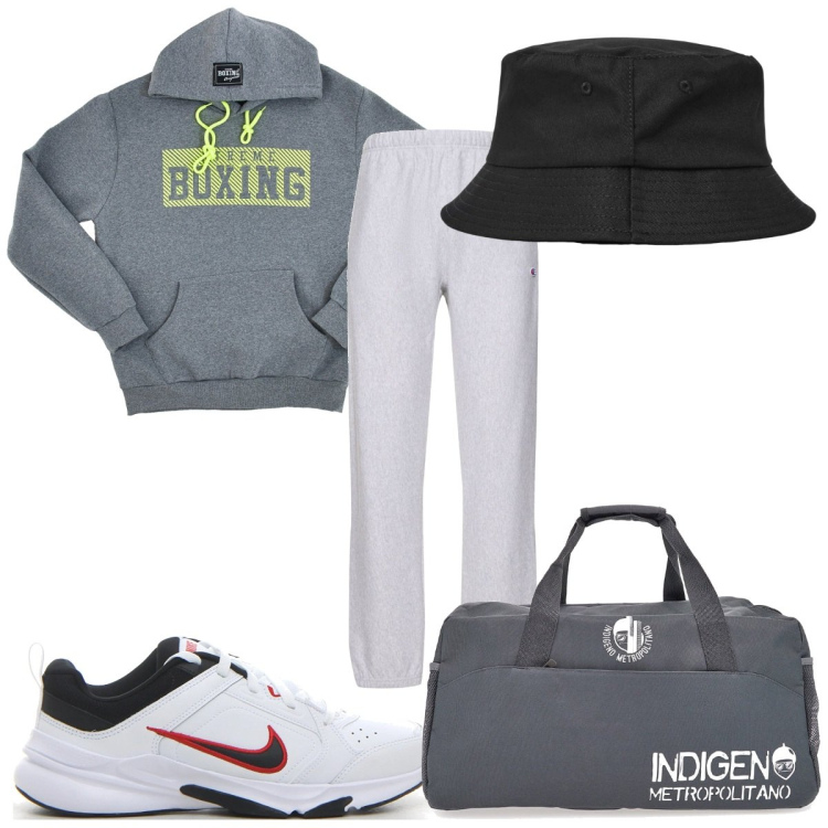Outfit uomo - Total look #2180241. Stile Trendy per Sport. Abbinamento con cappelli, borse sportive, pantaloni, felpe con cappuccio, sneakers.