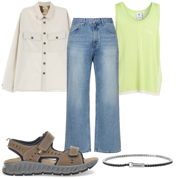 Outfit uomo - Total look #2180242. Stile Trendy per Tutti i giorni. Abbinamento con canottiere, braccialetti, camicie, jeans, sandali.