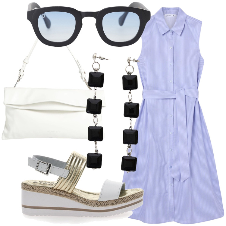Outfit donna - Abito bon ton per tutti i giorni. Stile Urban per Tutti i giorni. Abbinamento con borse a mano, vestiti chemisier, occhiali da sole, orecchini, sandali col tacco.