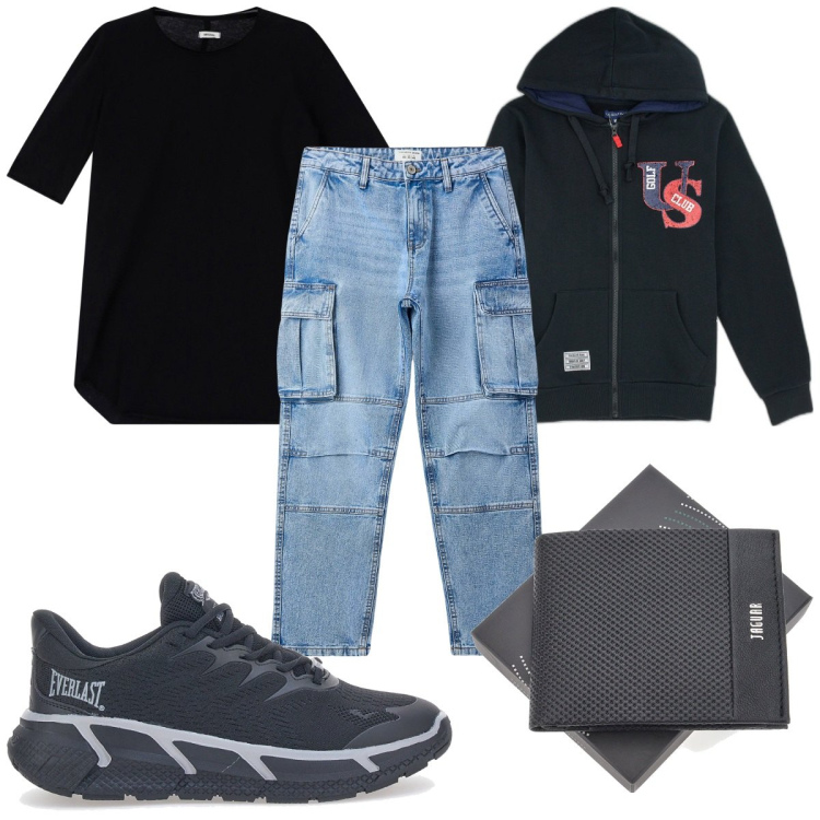 Outfit uomo - Total look #2180247. Stile Trendy per Tutti i giorni. Abbinamento con jeans, t-shirt, felpe con cappuccio, portafogli, sneakers.