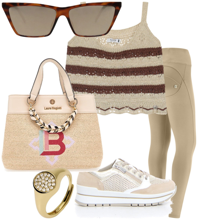 Outfit donna - Il top brillante. Stile Casual chic per Tutti i giorni. Abbinamento con occhiali da sole, anelli, top, pantaloni skinny, borse a mano, sneakers.