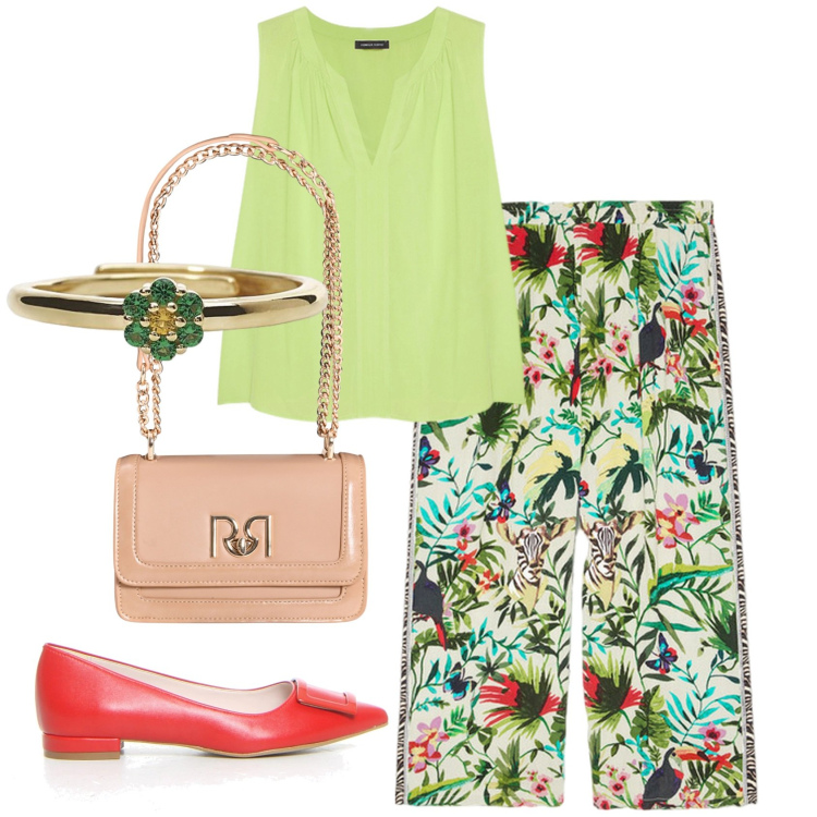 Outfit donna - Coordinati leggeri e chic. Stile Casual chic per Tutti i giorni. Abbinamento con anelli, borse a tracolla, pantaloni, top, ballerine.