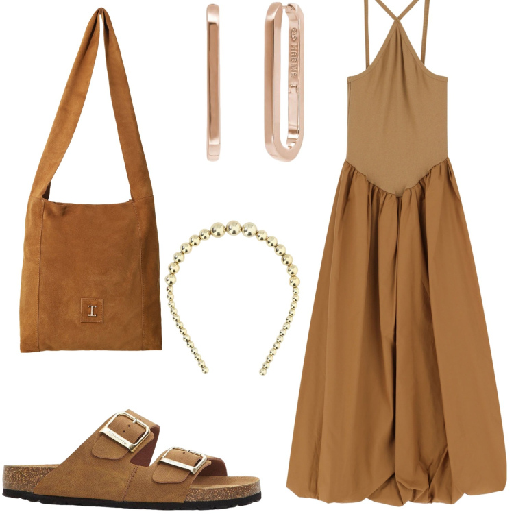 Outfit donna - Maxi Summer dress. Stile Boho per Tutti i giorni. Abbinamento con ciabatte, orecchini, borse a tracolla, vestiti lunghi, cerchietti.